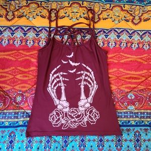 Skeleton hand rose bat red tank top